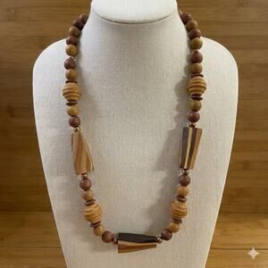 Vintage Napier Chunky Wooden Bead Necklace - 1970s Boho Ethnic Style 18”